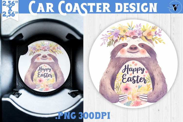 Car Coaster | Watercolor Sloth | Happy Easter