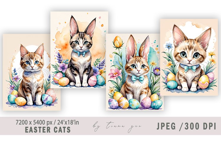 Cute watercolor Easter cat-bunny illustration- 4 Jpeg files example image 1