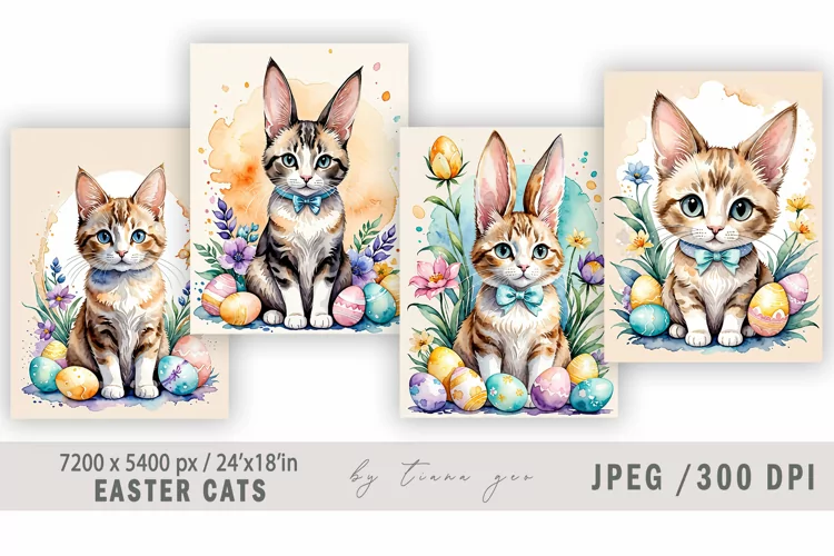 Cute watercolor Easter cat-bunny illustration- 4 Jpeg files