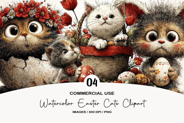 Watercolor Easter Cats Clipart