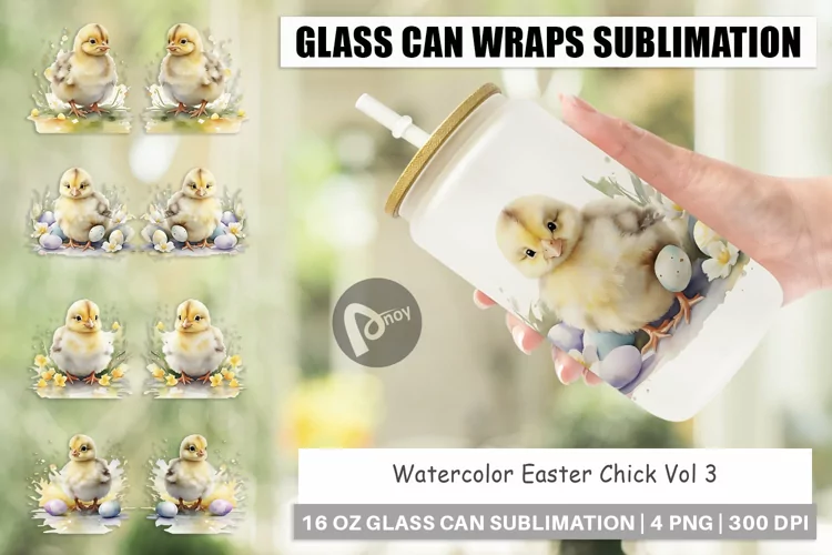 Glass Can Wraps Watercolor Easter Chick