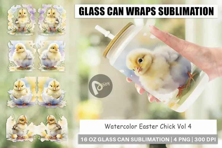 Glass Can Wraps Watercolor Easter Chick