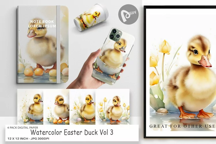Digital Paper Watercolor Easter Duck