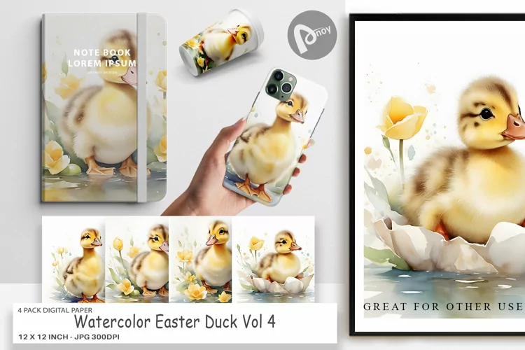 Digital Paper Watercolor Easter Duck