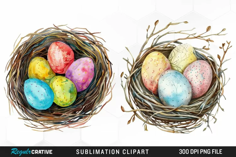 Watercolor Easter Egg In Nest Graphic Clipart