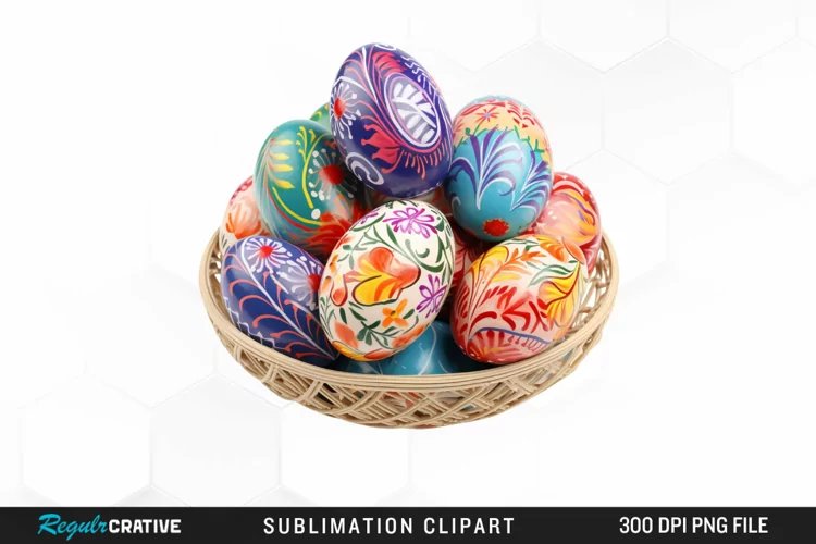 Watercolor Easter Eggs Basket Graphics Clipart