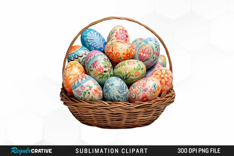 Watercolor Easter Eggs Basket Graphics Clipart