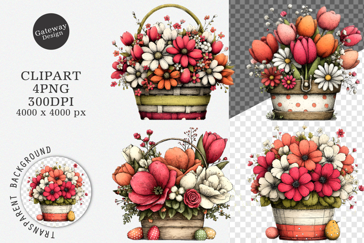 Watercolor easter flower basket clipart - easter flower Png
