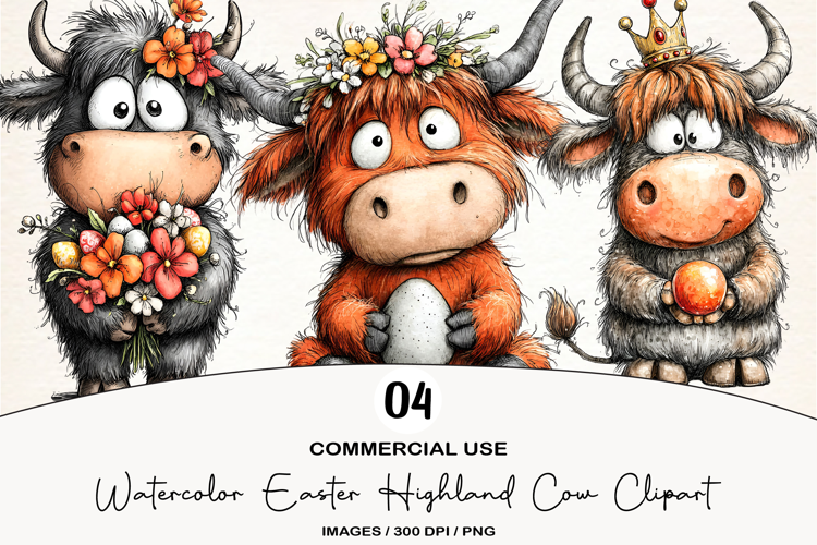Watercolor Easter Highland Cow Clipart