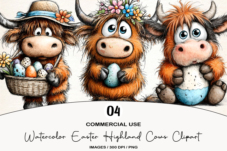 Watercolor Easter Highland Cows Clipart