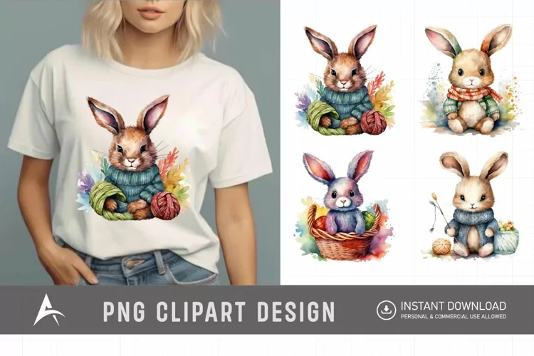 Watercolor Easter Knitted Bunny Clipart