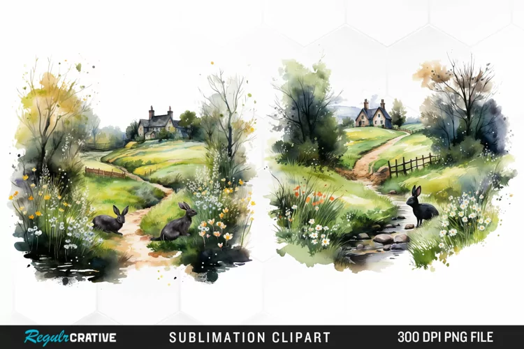 Watercolor Easter Landscapes Clipart