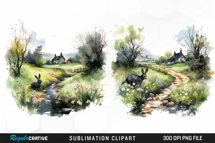 Watercolor Easter Landscapes Clipart