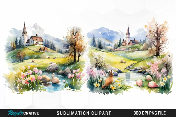 Watercolor Easter Landscapes Clipart