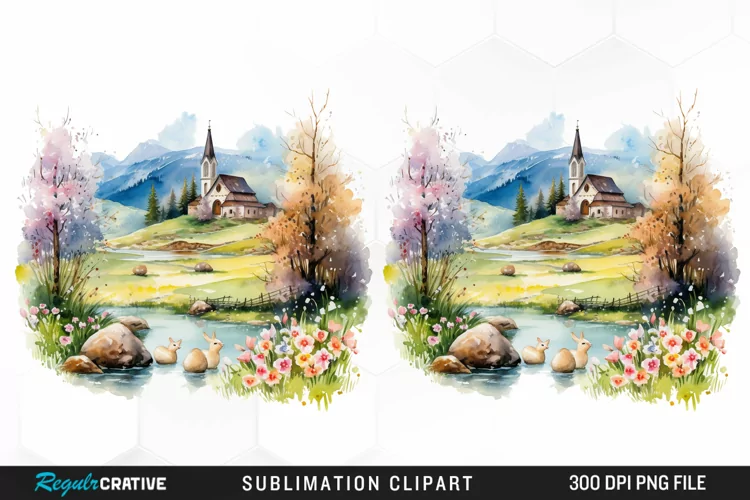 Watercolor Easter Landscapes Clipart