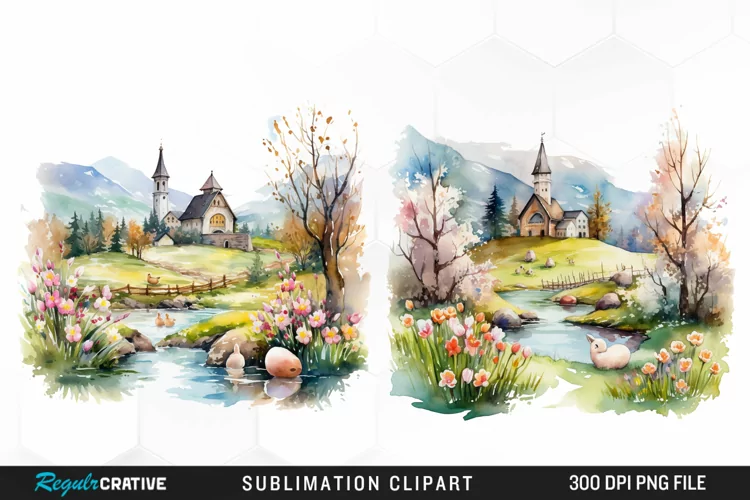 Watercolor Easter Landscapes Clipart