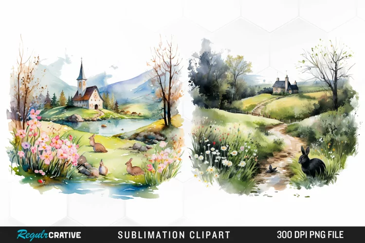 Watercolor Easter Landscapes Clipart