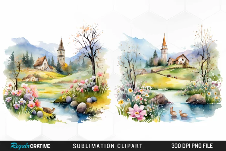 Watercolor Easter Landscapes Clipart