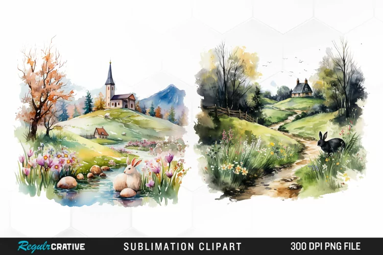 Watercolor Easter Landscapes Clipart