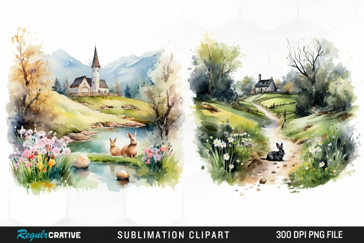 Watercolor Easter Landscapes Clipart