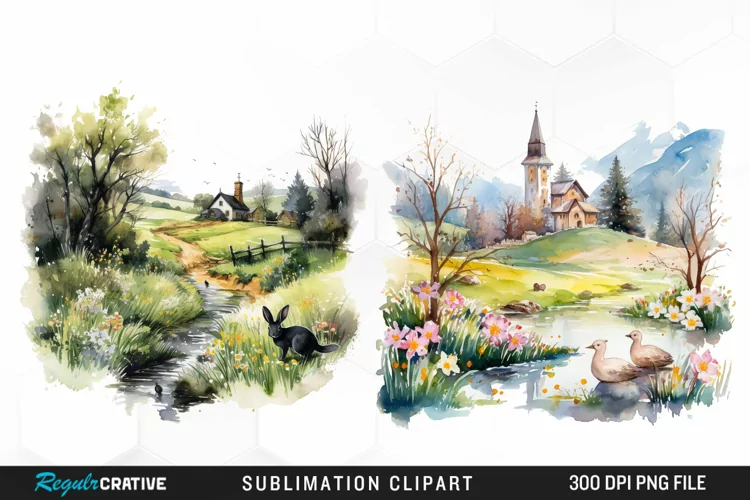 Watercolor Easter Landscapes Clipart