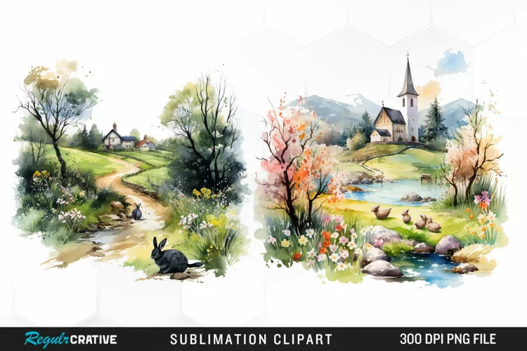 Watercolor Easter Landscapes Clipart