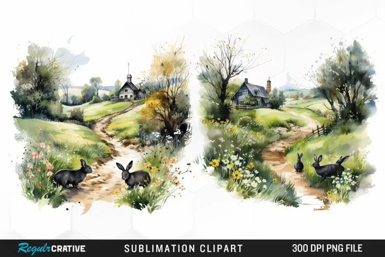 Watercolor Easter Landscapes Clipart