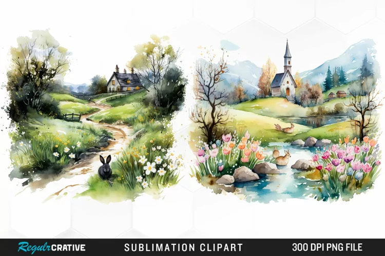 Watercolor Easter Landscapes Clipart