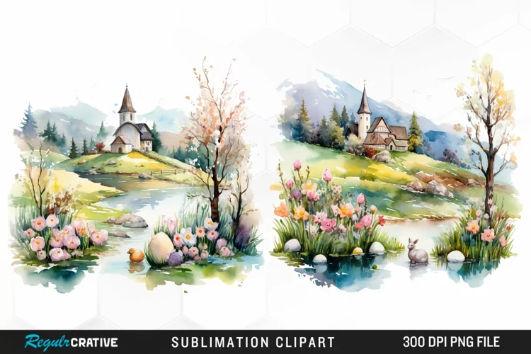Watercolor Easter Landscapes Clipart