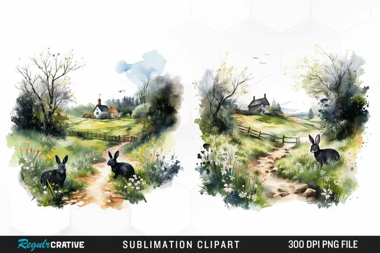Watercolor Easter Landscapes Clipart