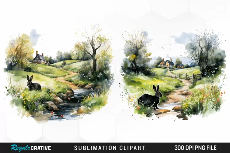 Watercolor Easter Landscapes Clipart
