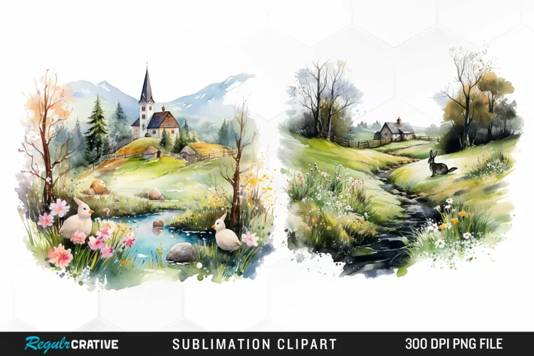 Watercolor Easter Landscapes Clipart