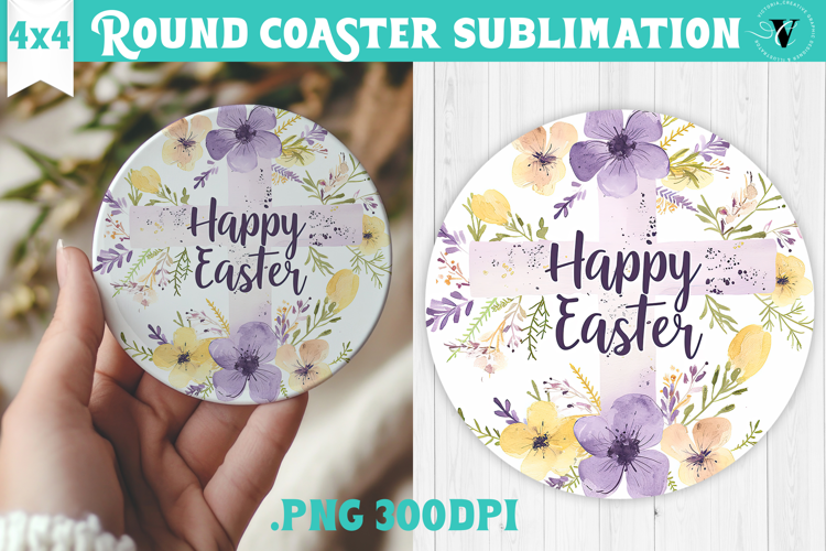 Easter Round Coaster | Watercolor Cross | Happy Easter