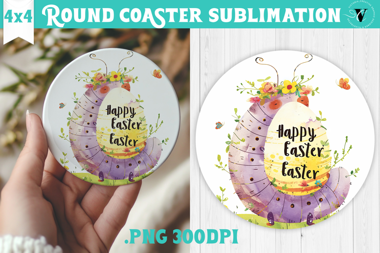 Easter Round Coaster | Watercolor Caterpillar | Happy Easter