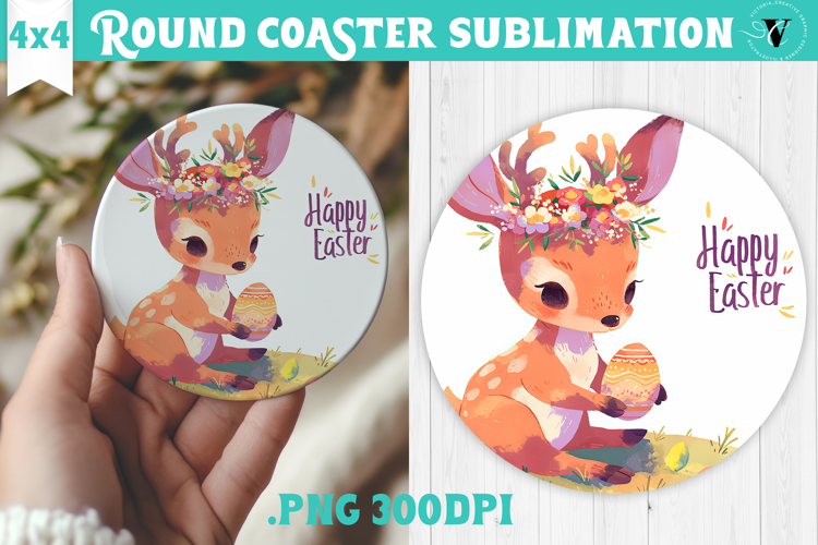 Easter Round Coaster | Watercolor Reindeer | Happy Easter