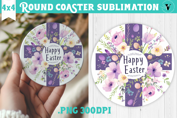 Easter Round Coaster | Watercolor Cross | Happy Easter example image 1