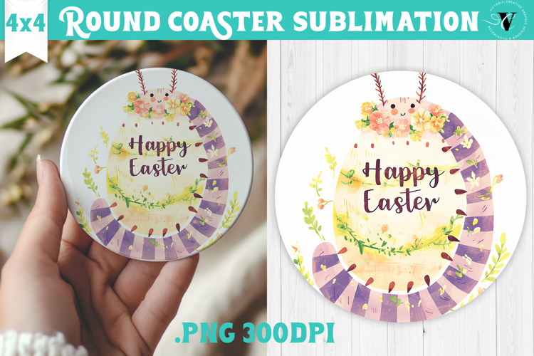 Easter Round Coaster | Watercolor Caterpillar | Happy Easter