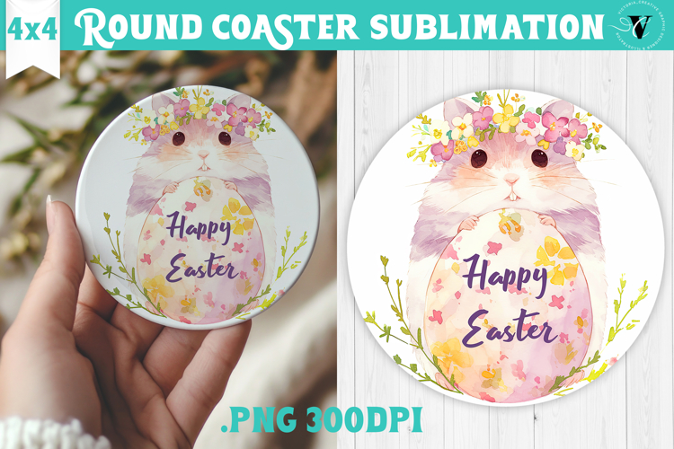 Easter Round Coaster | Watercolor Hamster | Happy Easter example image 1