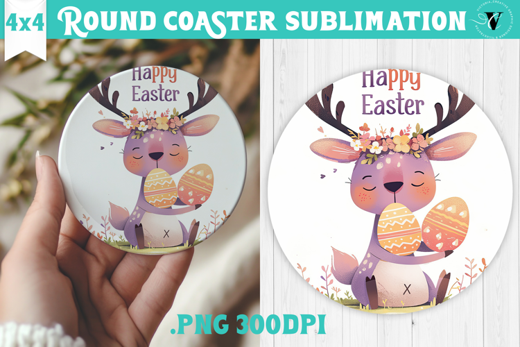 Easter Round Coaster | Watercolor Reindeer | Happy Easter