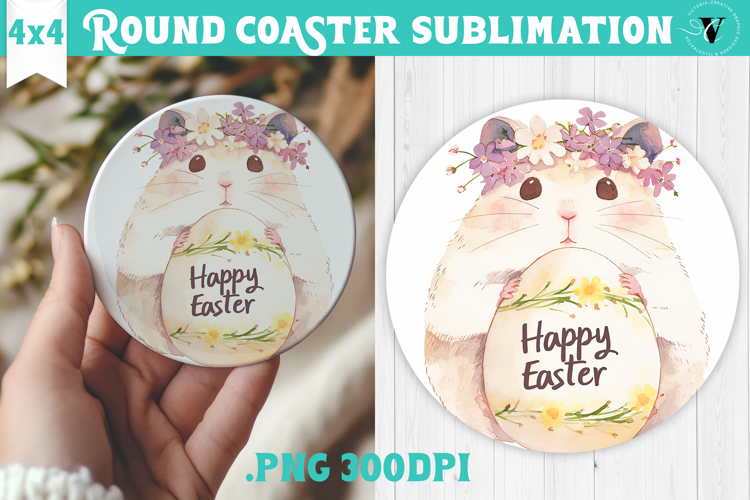 Easter Round Coaster | Watercolor Hamster | Happy Easter example image 1