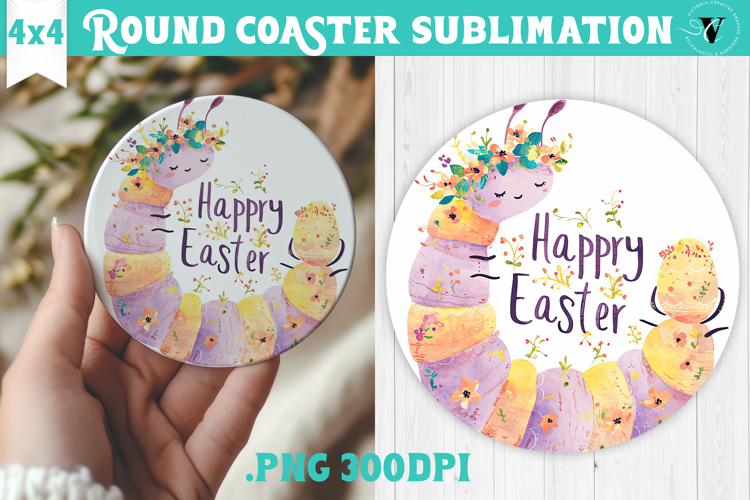 Easter Round Coaster | Watercolor Caterpillar | Happy Easter
