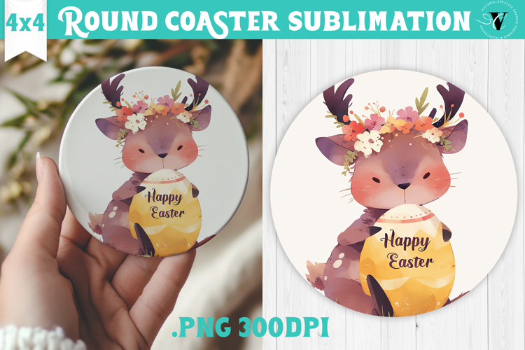 Easter Round Coaster | Watercolor Reindeer | Happy Easter