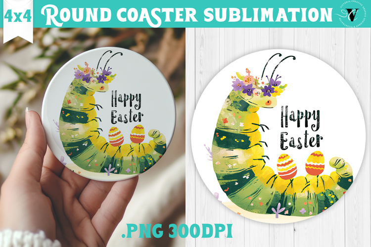Easter Round Coaster | Watercolor Caterpillar | Happy Easter