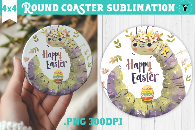 Easter Round Coaster | Watercolor Caterpillar | Happy Easter