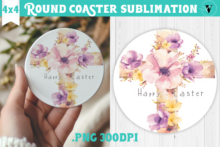 Easter Round Coaster | Watercolor Cross | Happy Easter