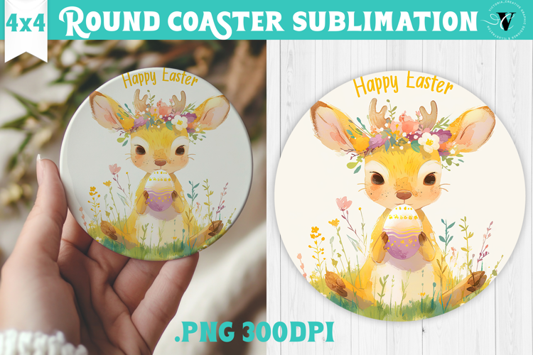Easter Round Coaster | Watercolor Reindeer | Happy Easter