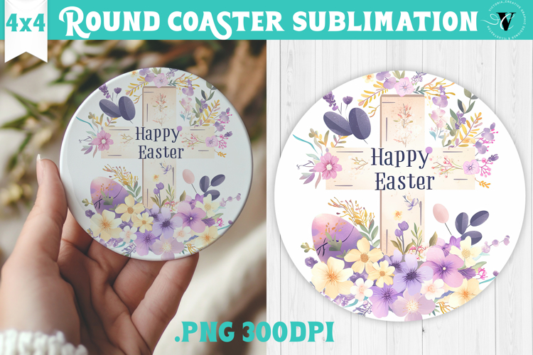 Easter Round Coaster | Watercolor Cross | Happy Easter example image 1