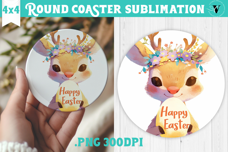 Easter Round Coaster | Watercolor Reindeer | Happy Easter