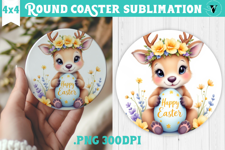 Easter Round Coaster | Watercolor Reindeer | Happy Easter