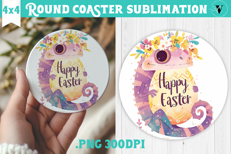 Easter Round Coaster | Watercolor Chameleon | Happy Easter